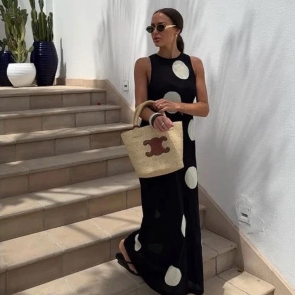 Zara Black Maxi Dress with Large White Polka Dots vacation